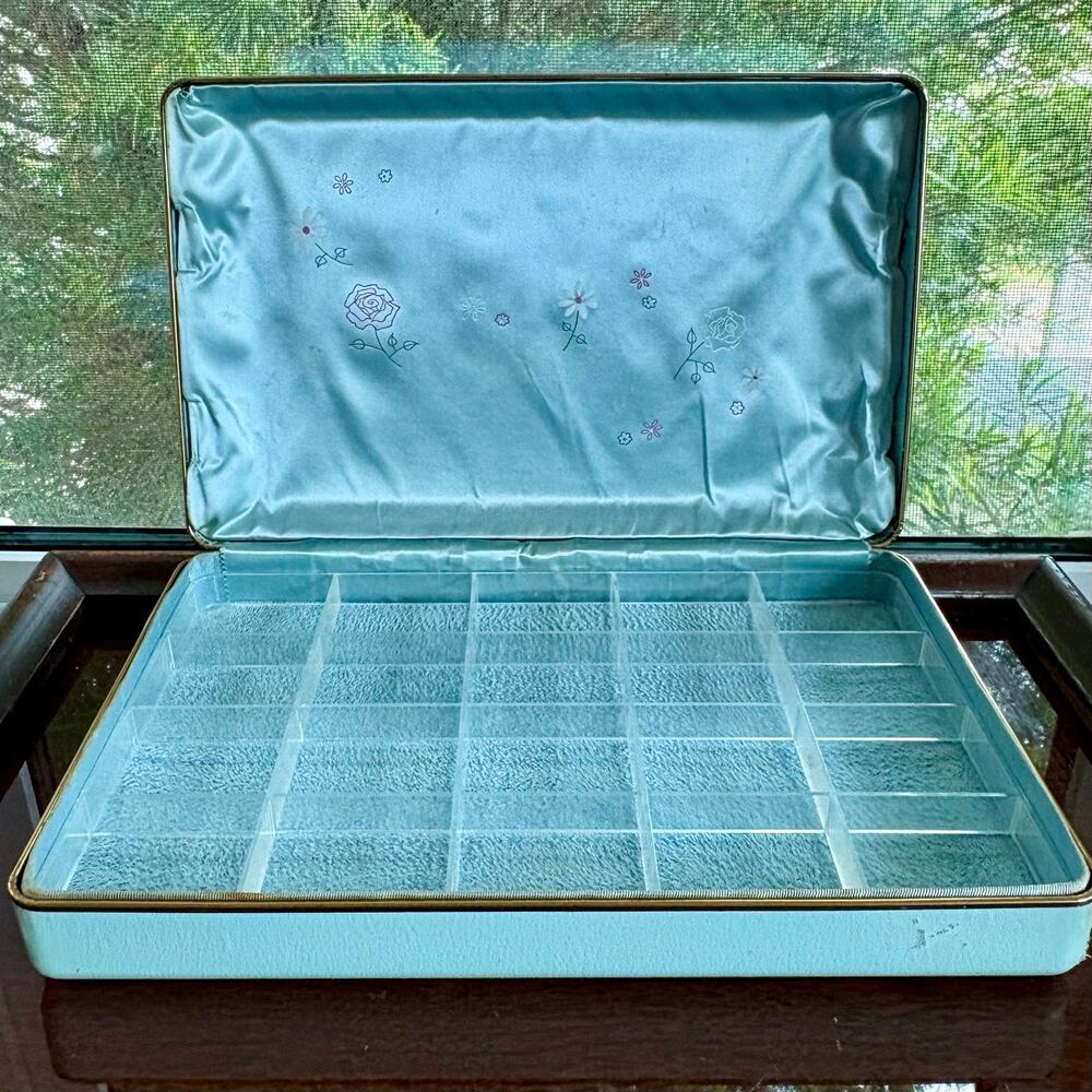 Vintage Farrington Texol Blue Floral Jewelry Box, Hard Case Organizer